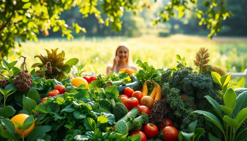 A lush, verdant landscape with an array of vibrant, nourishing plant-based foods occupying the foreground. In the middle ground, a person enjoying a fresh salad, radiating health and vitality. The background features a serene, sun-dappled setting, with soft, diffused lighting illuminating the scene. The overall mood is one of balance, tranquility, and the rejuvenating power of a plant-based diet. Captured with a wide-angle lens to showcase the abundance and harmony of this plant-based lifestyle.