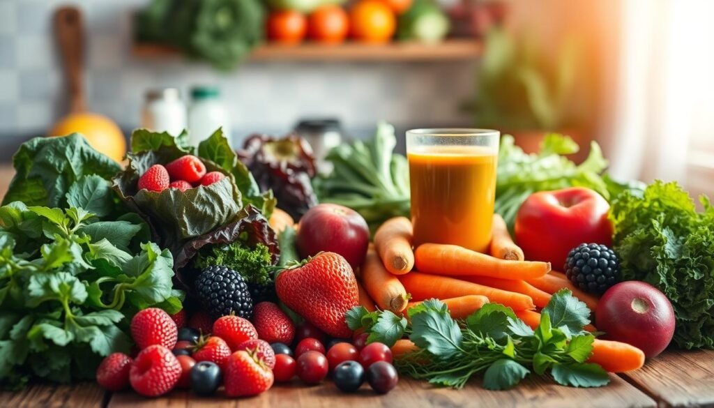 A vibrant, well-lit photograph showcasing the advantages of a plant-based diet. In the foreground, a variety of fresh, colorful fruits and vegetables - leafy greens, juicy berries, crisp carrots, and more - arranged artfully on a rustic wooden table. In the middle ground, a glass of freshly squeezed vegetable juice, its vibrant hues reflecting the diverse produce. The background is softly blurred, emphasizing the abundance and appeal of the plant-based fare. Warm, natural lighting casts a gentle glow, highlighting the inherent nutrients and vitality of this wholesome, nourishing lifestyle. The overall mood is one of health, balance, and the proven benefits of embracing a plant-based approach to dining.